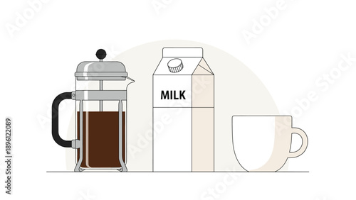 Simple morning coffee setup featuring a glass French press filled with dark coffee, a carton of milk, and a clean white ceramic mug.