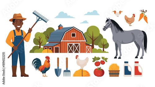 Cheerful black farmer holding a rake standing in front of a barn with a horse, chickens, farm tools, and fresh produce in a rural landscape.