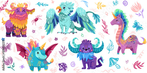 Creature set with mythical animals and fantasy characters. Adorable baby dinosaurs, cute unicorns and mermaid, flying monsters with wings in kawaii style for fairytale stories. Childish vector illustr