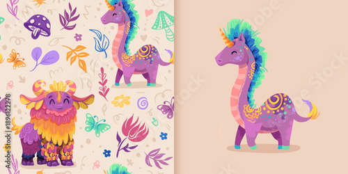 Mythical unicorn seamless pattern with cute fantasy creatures. Colorful design showcasing legendary characters, fairy tale animals, and magical elements perfect for children. Vector handdrawn art