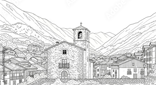 Exploring Historic Architecture, Scenic Village, Mountain Landscape, Line Art Drawing, Tranquil Environment