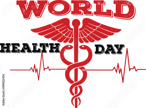 World health day design with caduceus and heartbeat line illustration