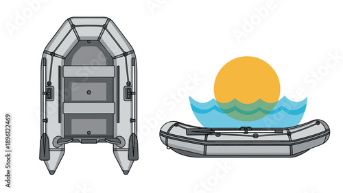 Technical illustration showing the top and side views of a gray inflatable rubber boat with oars, set against a stylized ocean sun.
