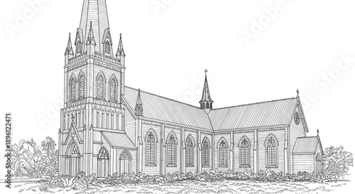 Architectural Illustration of Historic Church Building, Artistic Rendering, Serene Environment
