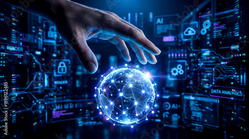 Hand touching glowing digital globe with futuristic data screens