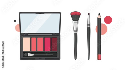 Professional makeup set featuring a colorful eyeshadow palette with a mirror, two cosmetic brushes, and a red lip or eye liner pencil.