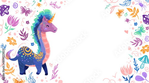 Mythical unicorn creature with rainbow mane in fantasy fairy tale setting. Magical legendary character illustration perfect for children storybook and birthday designs. Vector handdrawn illustration