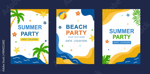 Set of colorful summer party posters in flat vector style with tropical elements, palm trees, waves and decorative shapes. Perfect for flyers, events, invitations and promotions.