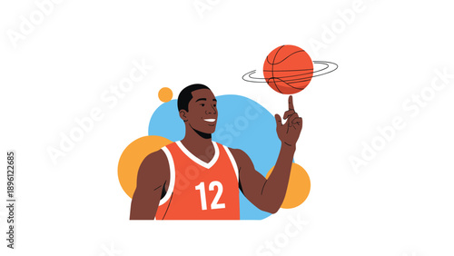 Happy African American basketball player in an orange jersey spinning a basketball on his fingertip against a vibrant abstract background.