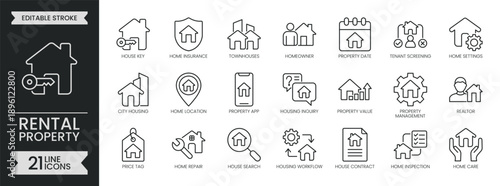 Rental property outline icon set. Containing real estate, key, building, mortgage, house, rent, renovation, lease, home, owner, apartment and more. Editable stroke symbols pack. Vector illustration