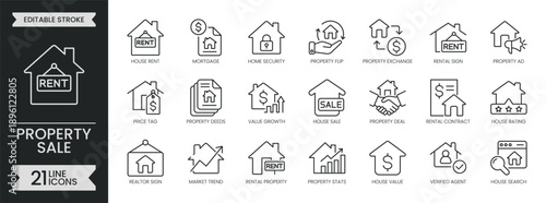 Property sale outline icon set. Containing Real estate, home loan, house, building, rent, floor, architecture, mortgage, renovation and more. Editable stroke symbols pack. Vector illustration