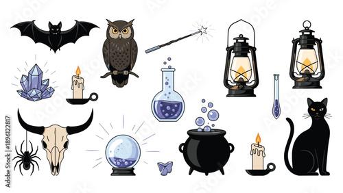 Collection of magical artifacts including a crystal ball, potion flask, cauldron, magic wand, candles, and mystical animals like an owl and cat.