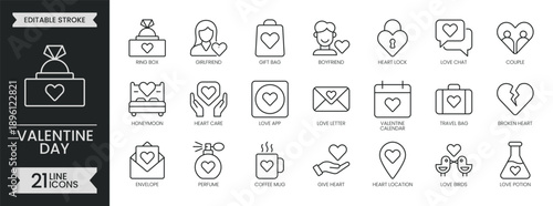 Valentines day outline icon set. Containing love, heart, couple, dating, friend, cupid, passion, romance, wedding, broken, romantic and more. Editable stroke symbols pack. Vector illustration
