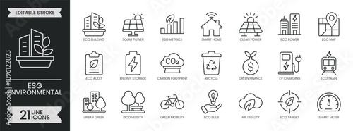 ESG Environmental outline icon set. Containing green energy, government, solar power, sustainability, protection, governance, healthcare and more. Editable stroke symbols pack. Vector illustration