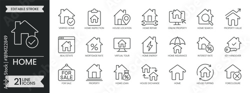 Home outline icon set. Containing real estate service, property, mortgage, rent, building, agent, house, home loan, realtor, home sale and more. Editable stroke symbols pack. Vector illustration
