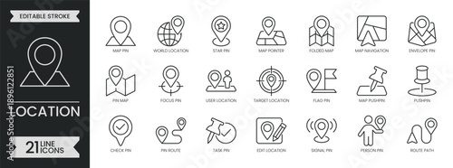 Location map pin outline icon set. Containing navigation, GPS, destination, pointer, direction, distance, place, marker, address, position and more. Editable stroke symbols pack. Vector illustration
