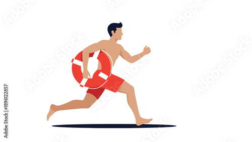 Athletic male lifeguard in red swim trunks running with a rescue life ring along the beach during a summer emergency patrol.