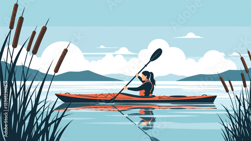 Tranquil illustration of a woman in a red kayak paddling across a peaceful lake with mountains and tall bulrushes in the foreground.