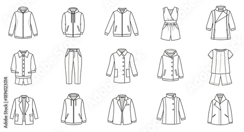 Collection of Hand Drawn Fashion Outerwear Sketches.