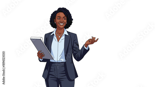 Smiling African American business woman wearing a dark blue suit and light shirt holding a clipboard and gesturing while presenting.