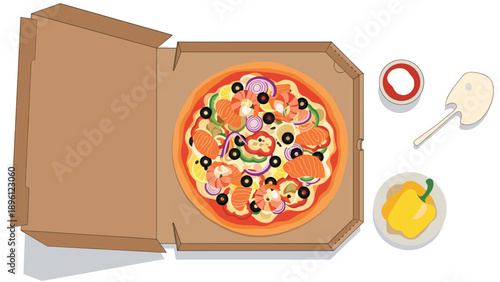 Top view of a fresh delicious pizza with various toppings in an open cardboard delivery box next to peppers and sauce.