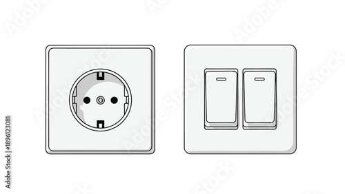 Simple white European electrical socket and a matching double light switch on a white background, representing home interior hardware.