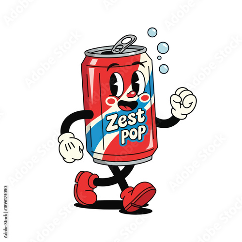 Retro Soda Can Character Walking with Bubbles - Vintage Cartoon Style