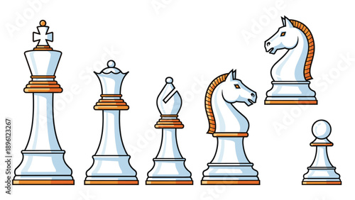 Elegant set of white chess pieces including king, queen, bishop, knight, and pawn, symbolizing strategy, intelligence, and competition.