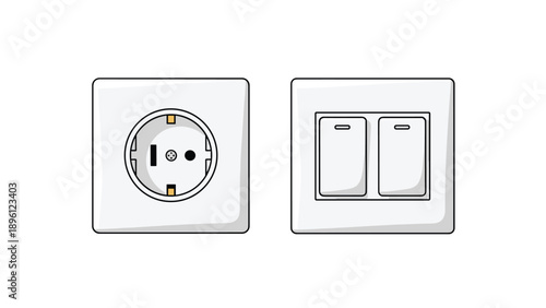 Modern white electrical wall socket and a double light switch shown side-by-side on a white background for home improvement concepts.
