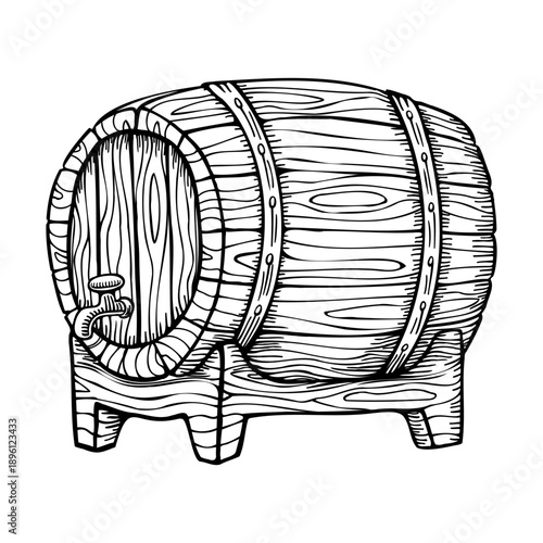 Black and white illustration of a beer barrel. Hand-drawn outline drawing.