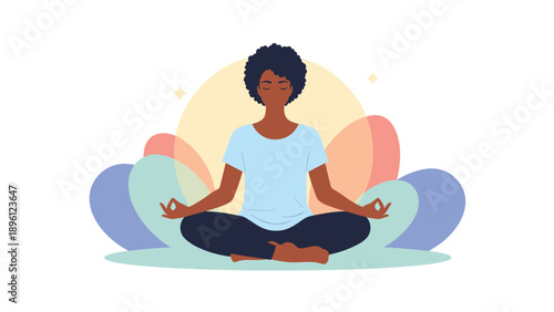 African American woman meditates in lotus pose with colorful abstract background representing peace and mindfulness.