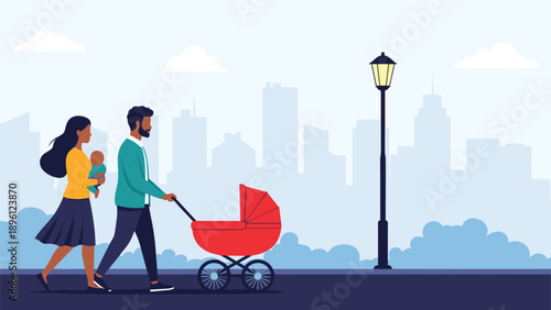 African American family walking in a city park with a baby in a carrier and another in a red stroller by a lamp post.