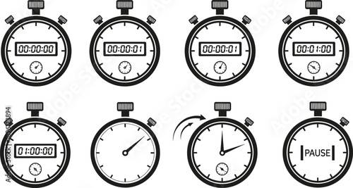 Set of stopwatch icons displaying various time states, pause, and reset functions