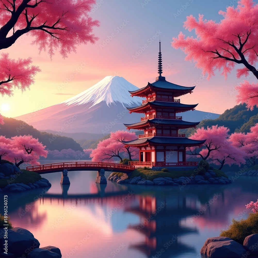 Obraz premium Sakura trees bloom, pagoda stands reflected in lake, Fuji snow-capped mountain backdrop, Japan sunset.