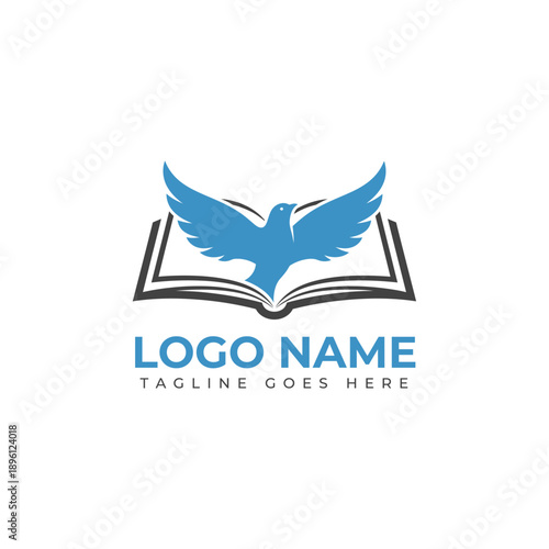 Modern logo design featuring a blue bird emerging from an open book