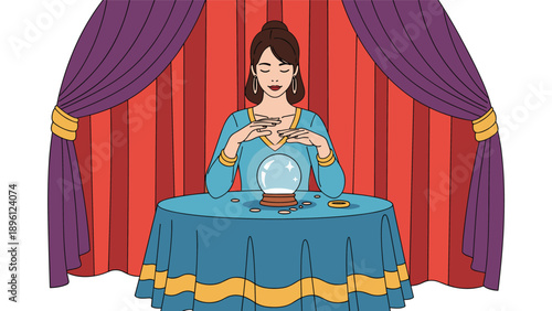 Fortune teller woman looking into a glowing crystal ball on a blue table with coins in front of red curtains.