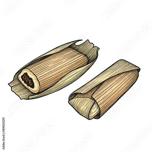 Two delicious tamales wrapped in corn husks, one cut open revealing filling