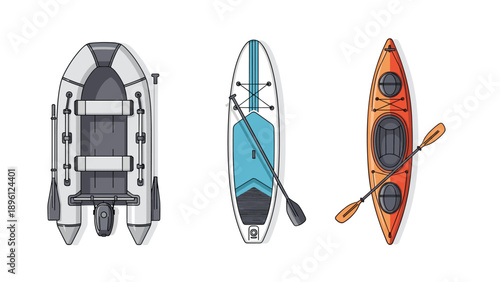 Various water sports equipment shown from a top perspective including a raft, paddleboard, and a kayak with oars.