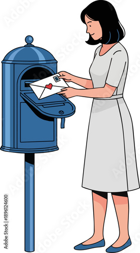 Create a Woman standing next to a mailbox and posting a letter vector art with white background.