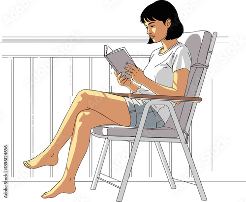 Create a Woman sitting in a balcony chair outside in the sun and reading a book vector art with white background..
