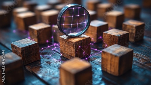 Strategic Network Analysis with Magnifying Glass and Wooden Blocks, AI and Technology Concept wood
