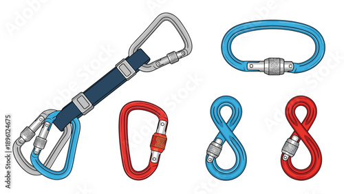 Set of professional climbing carabiners in different colors and shapes for rock climbing and safety applications.