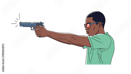 Man with sunglasses aiming a handgun focused on target practice in a stylized flat illustration on white.