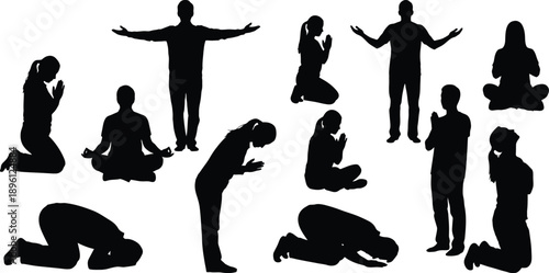 Diverse people in prayerful poses a collection of black shapes silhouette