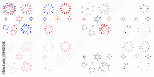 Colorful sketches of fireworks in various shapes and vibrant hues