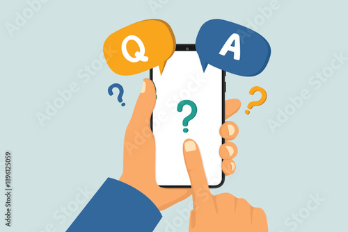 The concept of communication on digital platforms, questions and answers or questions, the hands of businesspeople click on the Q&A or FAQ (frequently asked questions) button.