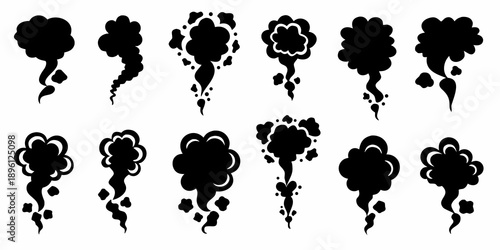 Collection of black silhouette smoke puffs and cloud like shapes