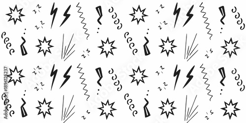 Black and white doodle pattern of lightning bolts stars and scribbles