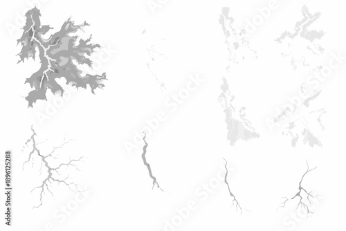 Abstract grayscale shapes resembling lightning or fractured landmasses