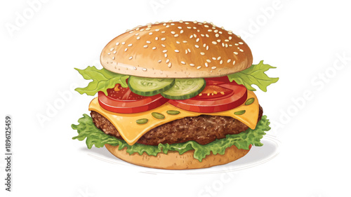 Juicy Beef Burger with Cheddar, Lettuce, Tomato, and Pickles – Classic Fast-Food Feast